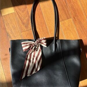 Black Tote Bag with Striped Scarf Accent